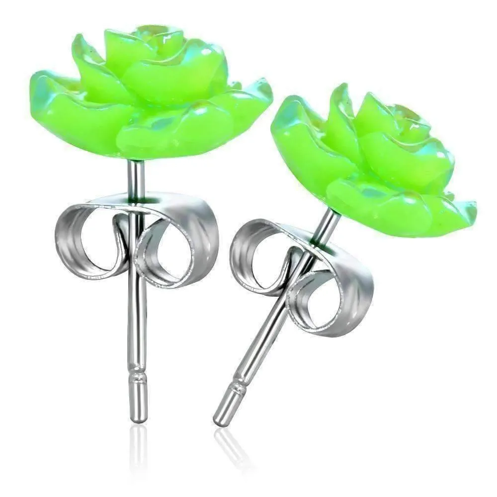 Shimmering Green Rose Stud Earrings