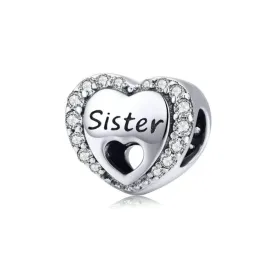 Sister Sparkling Halo Heart Charm 925 Sterling Silver