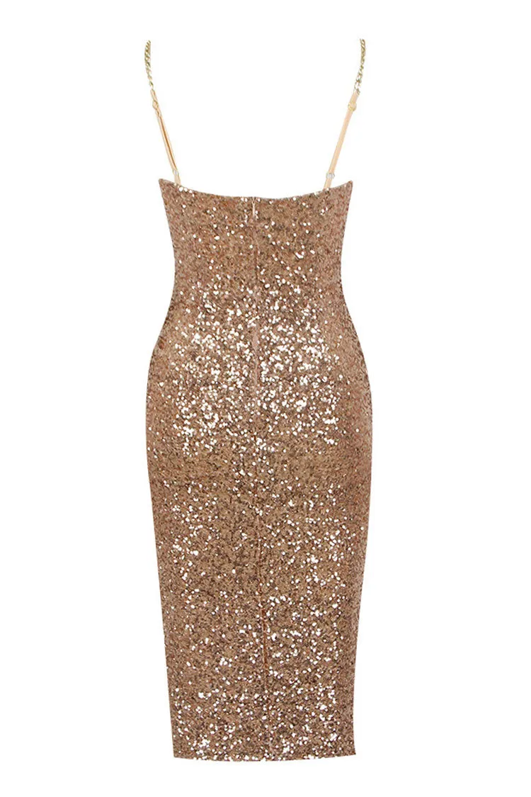 Sparkly Sequin Bustier Metallic Chain Strap Bodycon Cocktail Party Midi Dress