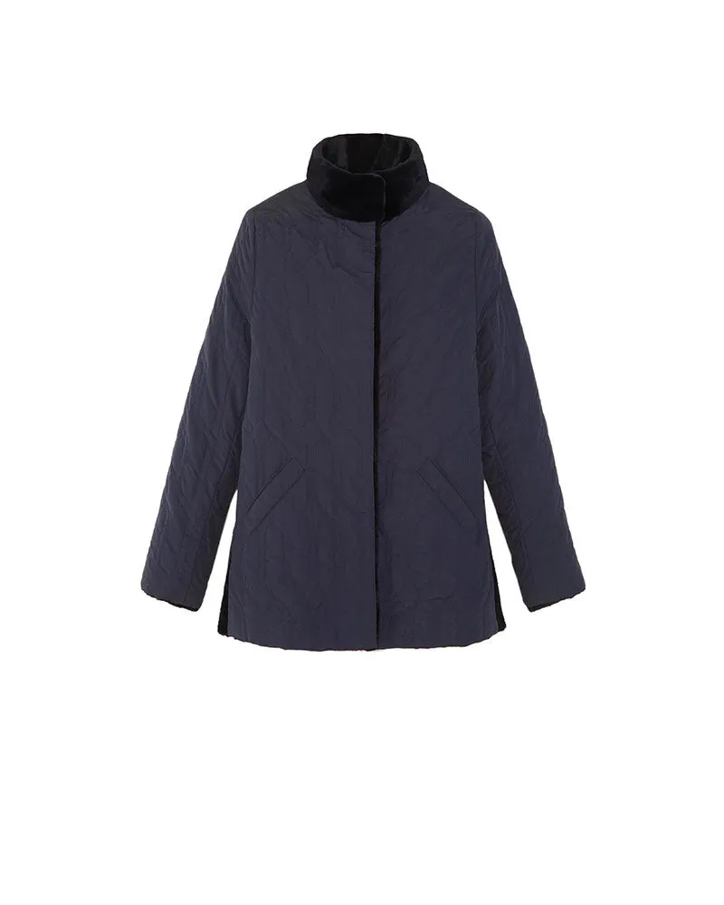 The Everly Reversible Mink Quilted Jacket in Navy