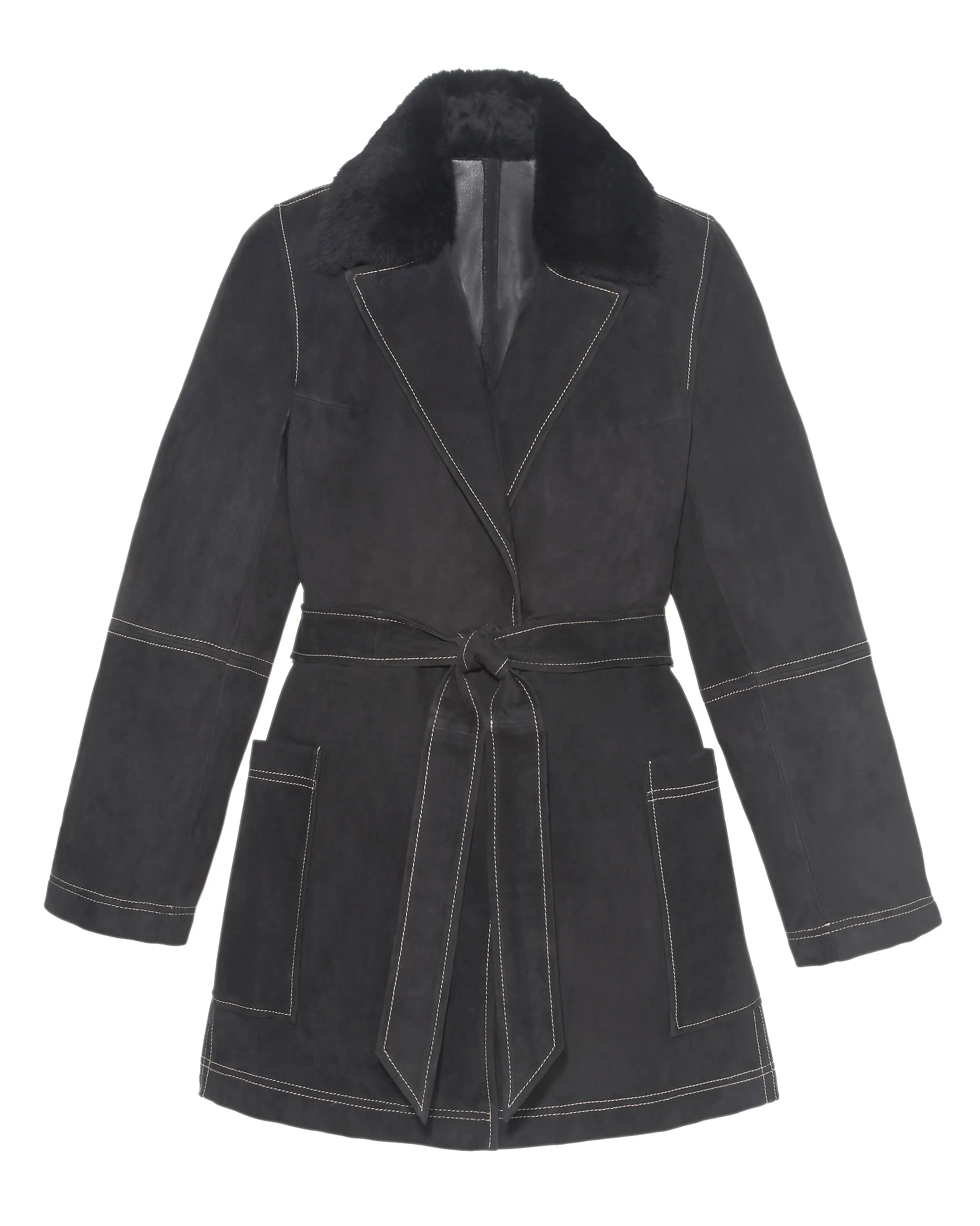 The Natasha Belted Suede Coat with Shearling Collar