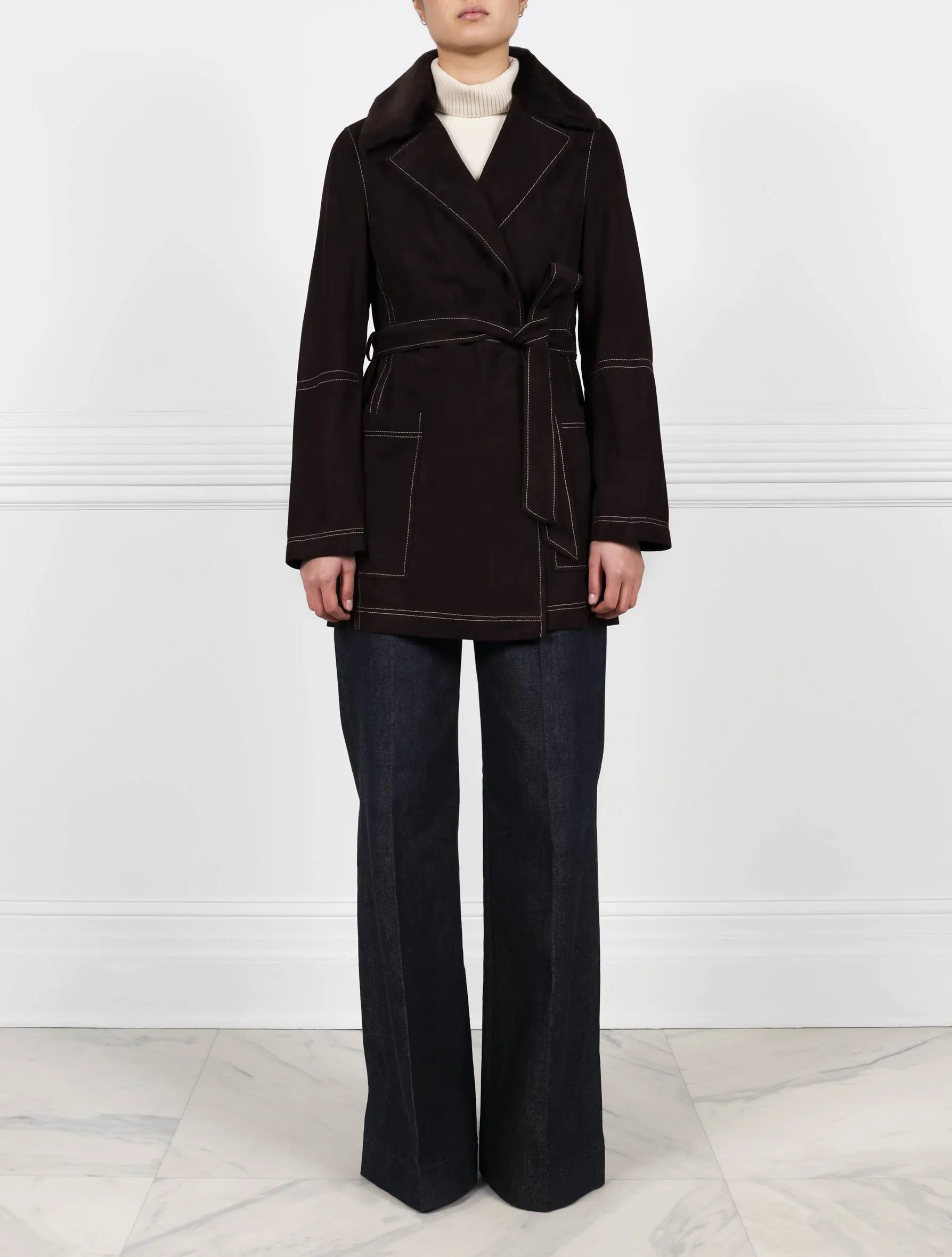 The Natasha Belted Suede Coat with Shearling Collar