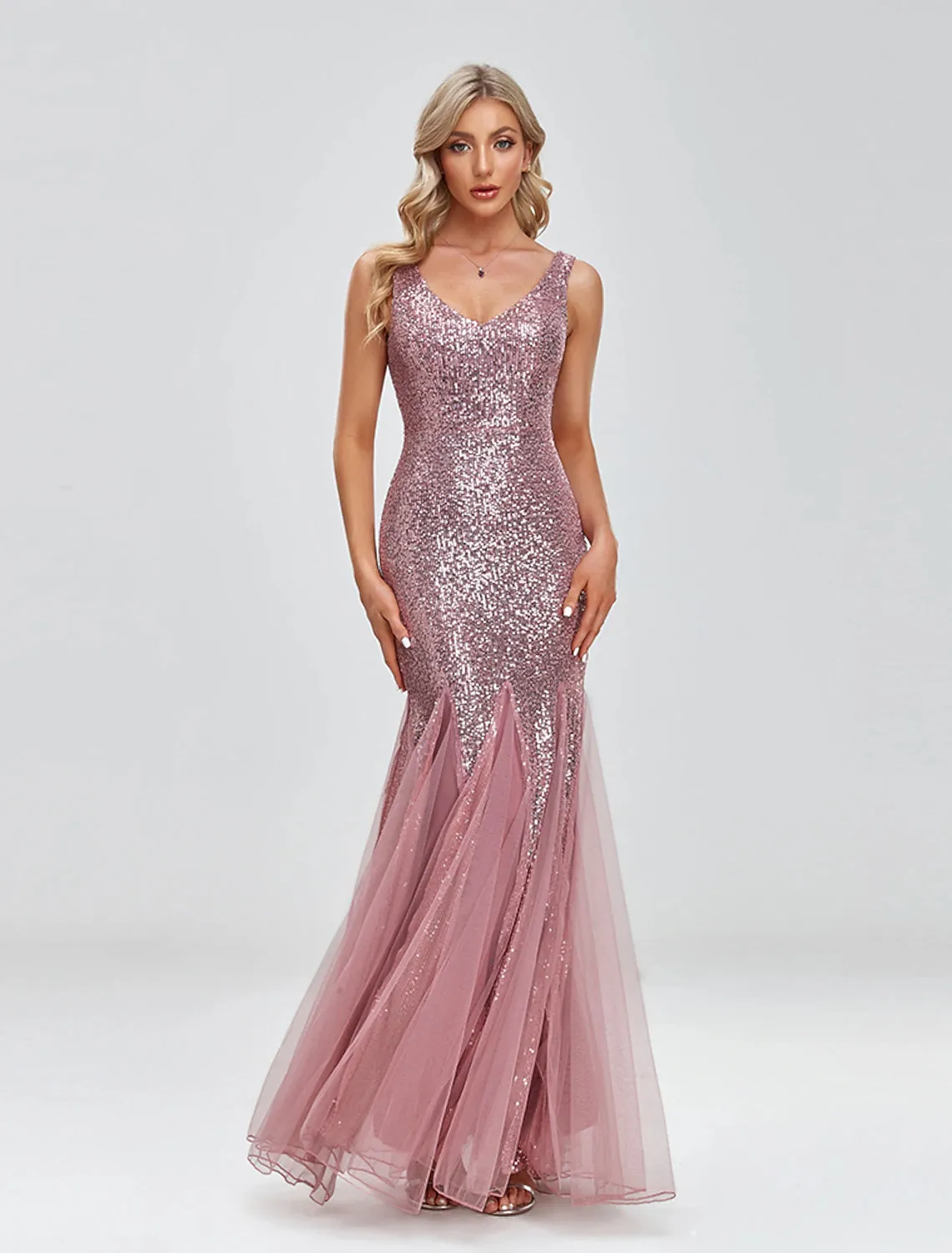 Two Piece Mermaid / Trumpet Party Dresses Sparkle & Shine Dress Prom Floor Length Sleeveless V Neck Capes Tulle V Back with Sequin Shawl