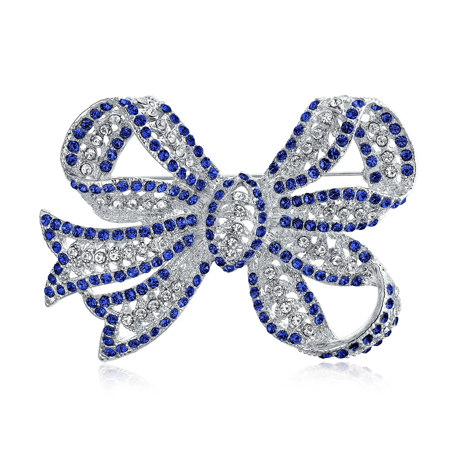 Victorian Style Royal Blue Crystal Pave Filigree Ribbon Brooche Pin Silver Plated