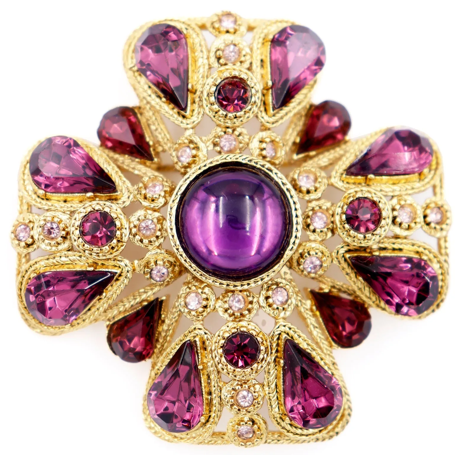 Vintage Gold Abstract Maltese Cross Brooch w Purple Crystal Stones