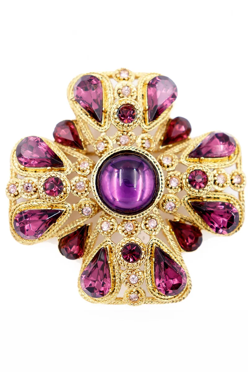 Vintage Gold Abstract Maltese Cross Brooch w Purple Crystal Stones