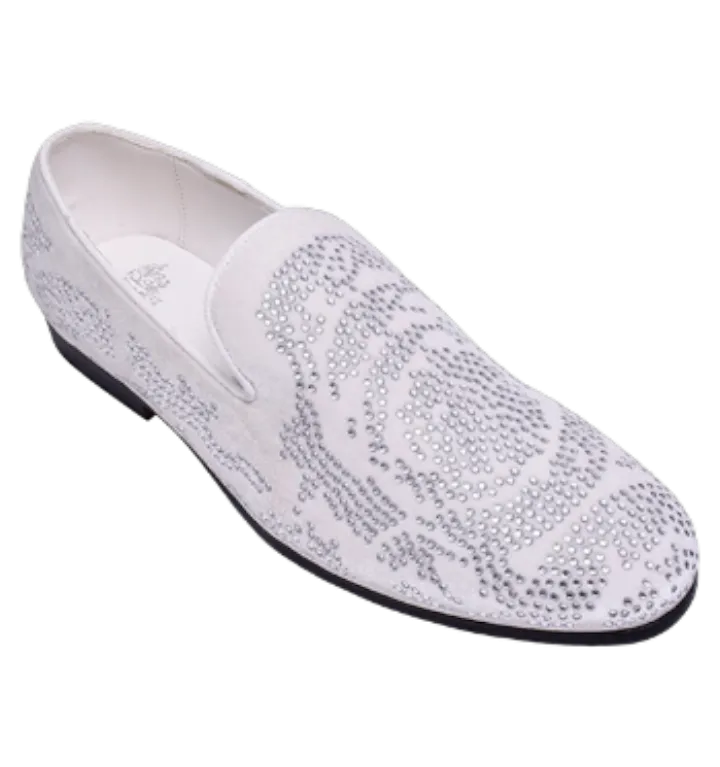 White and Sliver Men's Slip-On Loafer Glitter Design Dress Shoes