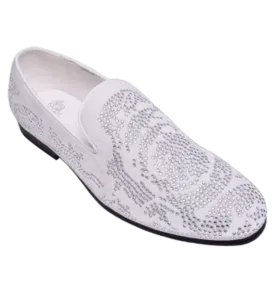 White and Sliver Men's Slip-On Loafer Glitter Design Dress Shoes