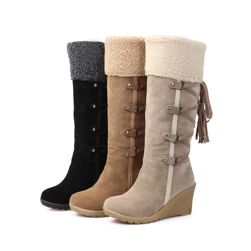 Women Fringe Wedge Heel Winter Snow Fuzzy Lining Keep Warm Back Lace Up Fur Boots