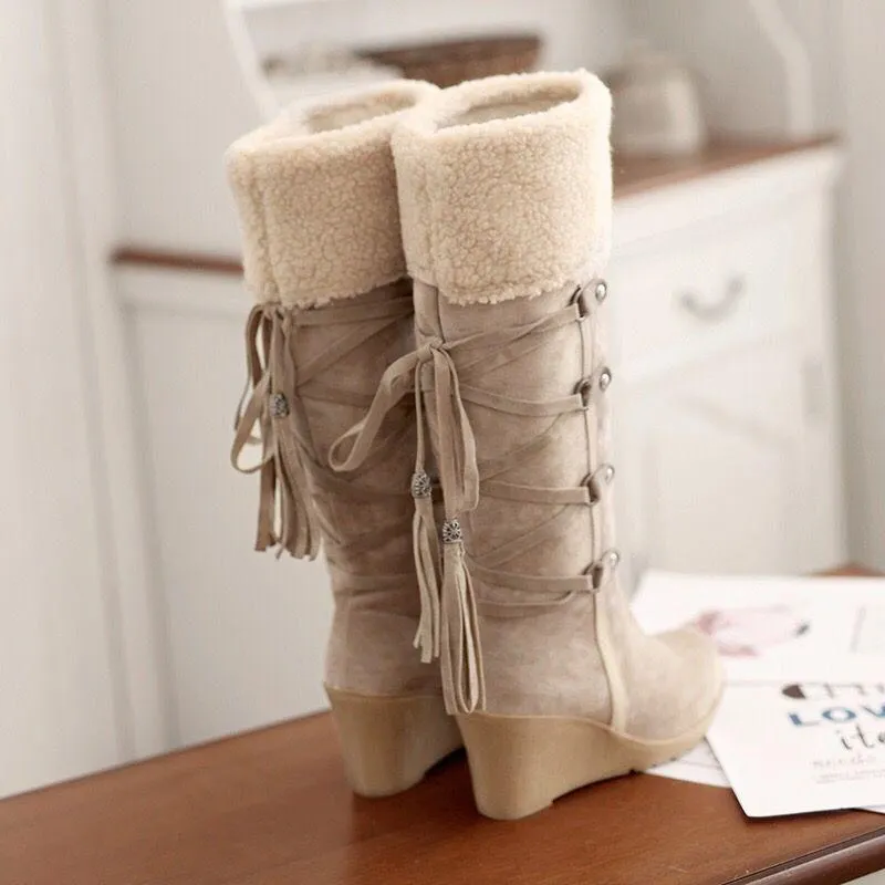 Women Fringe Wedge Heel Winter Snow Fuzzy Lining Keep Warm Back Lace Up Fur Boots