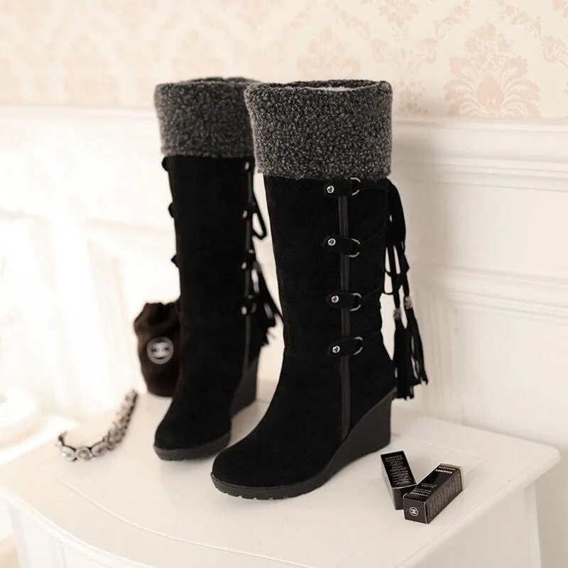 Women Fringe Wedge Heel Winter Snow Fuzzy Lining Keep Warm Back Lace Up Fur Boots