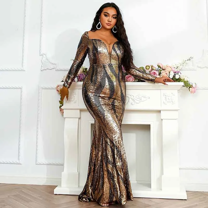 Women Plus Size Tulle Mermaid Sequin Long Sleeve Evening Dress Formal Prom Gowns