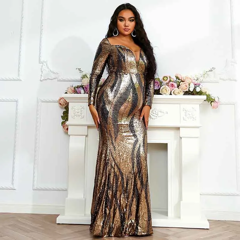 Women Plus Size Tulle Mermaid Sequin Long Sleeve Evening Dress Formal Prom Gowns