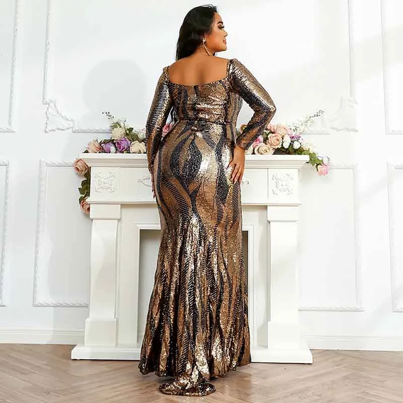 Women Plus Size Tulle Mermaid Sequin Long Sleeve Evening Dress Formal Prom Gowns