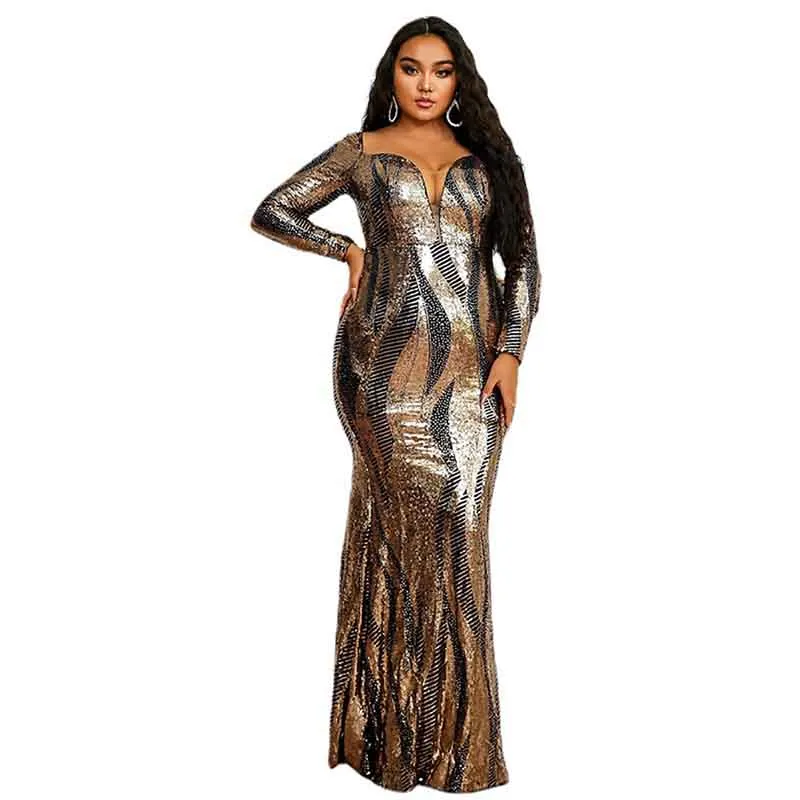 Women Plus Size Tulle Mermaid Sequin Long Sleeve Evening Dress Formal Prom Gowns