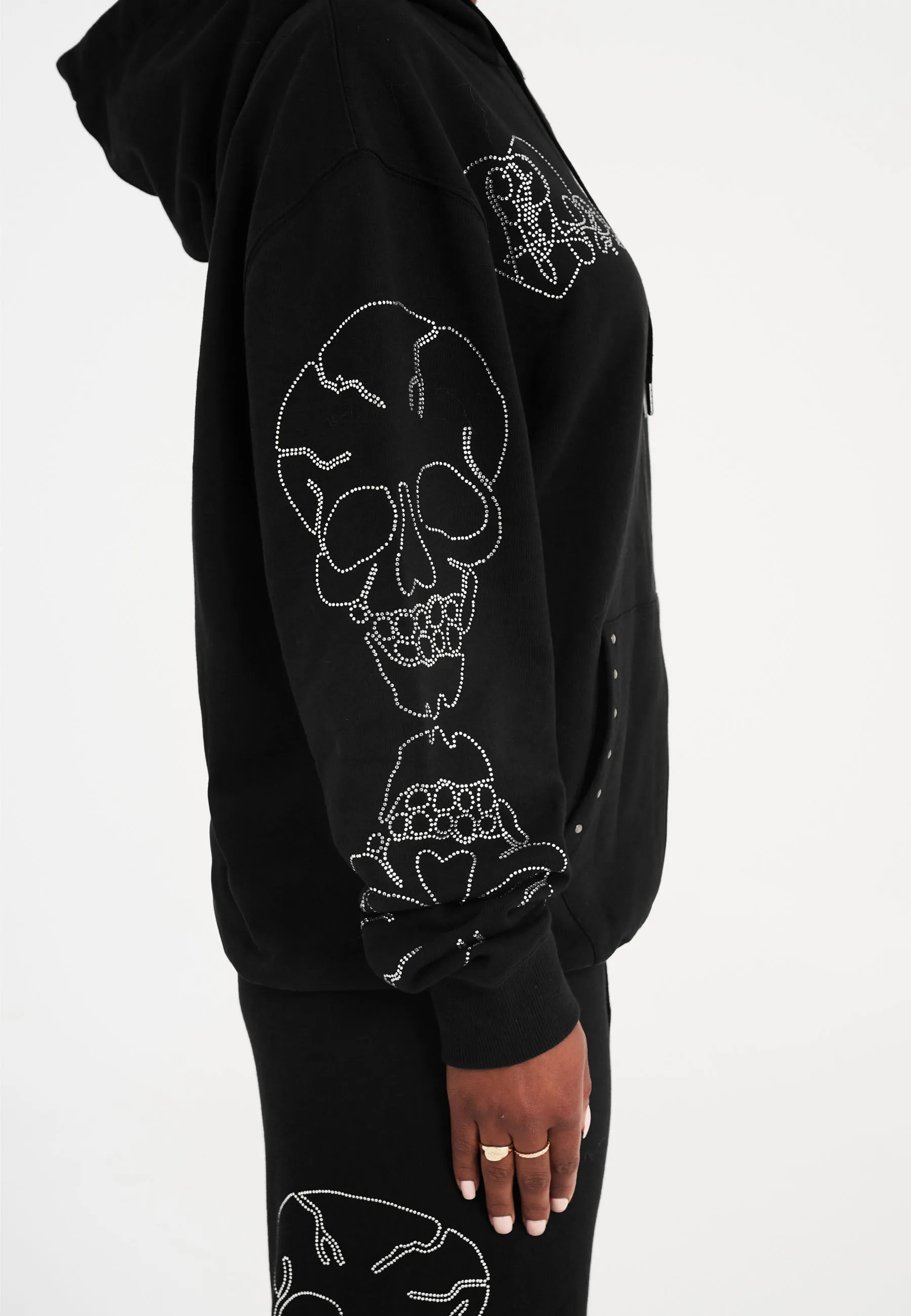 Womens Crystal Skull Relaxed Zip Thru Hoodie - Black