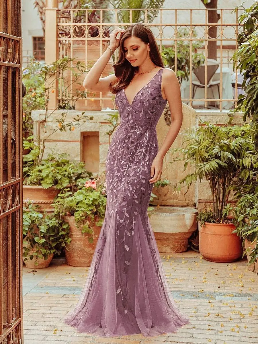 Women's Double V-Neck Fishtail Sequin Evening Dress