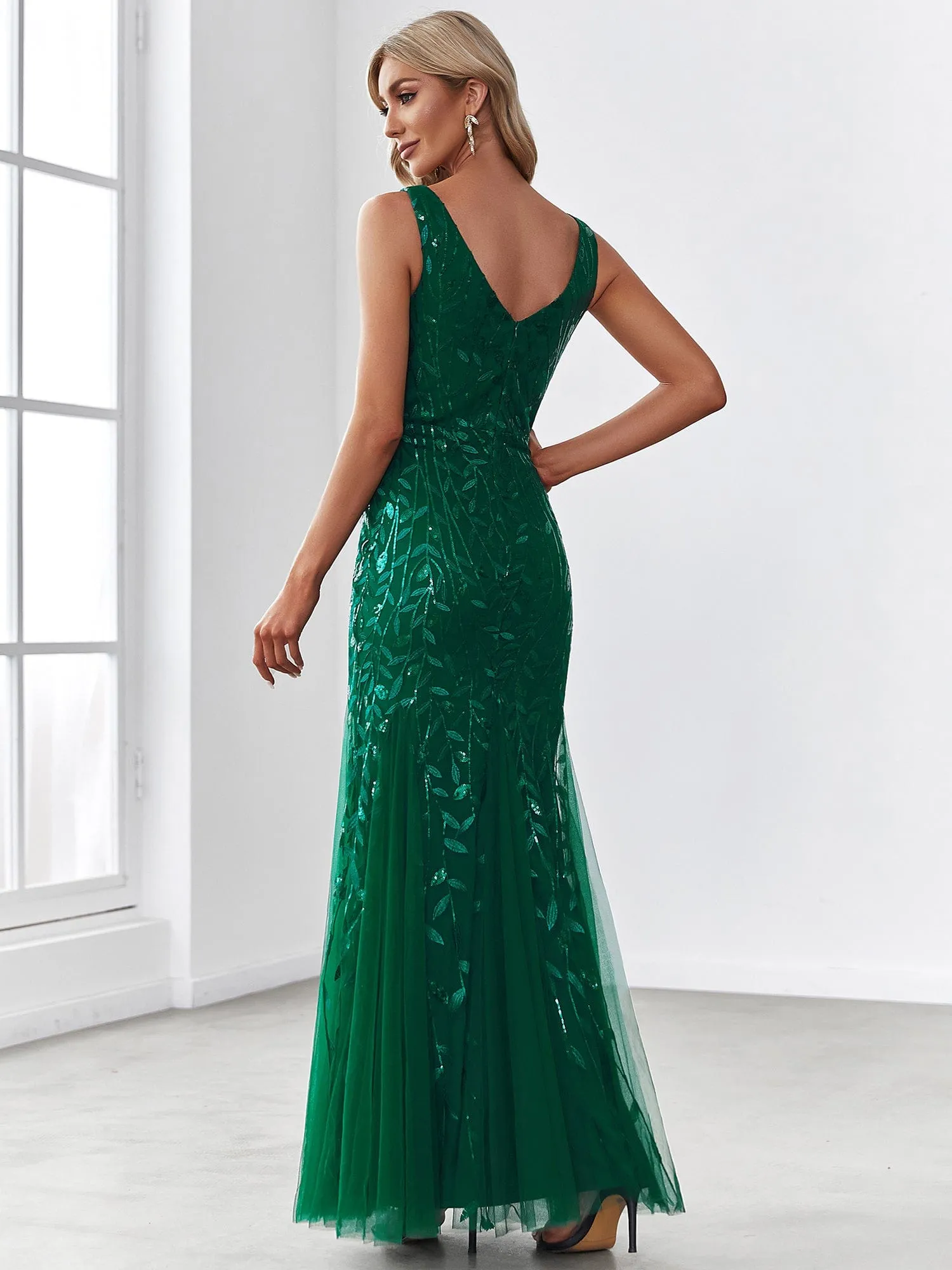 Women's Double V-Neck Fishtail Sequin Evening Dress