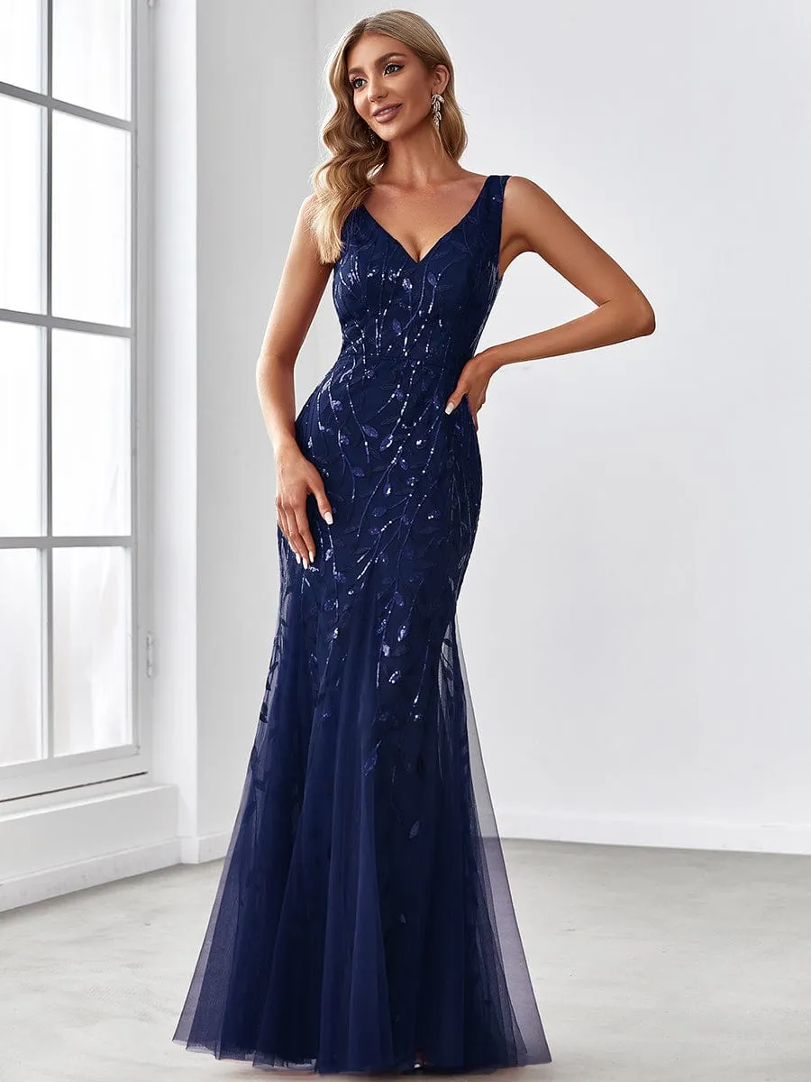 Women's Double V-Neck Fishtail Sequin Evening Dress