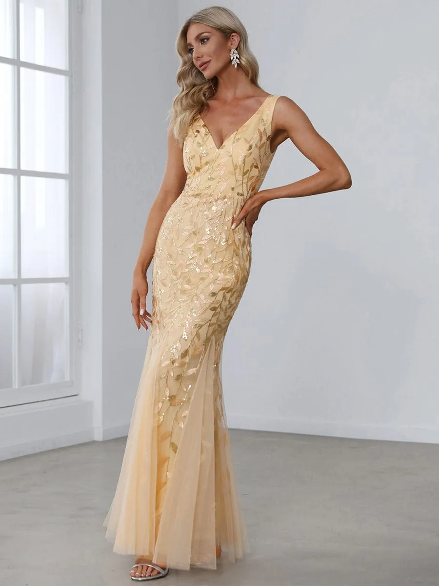 Women's Double V-Neck Fishtail Sequin Evening Dress