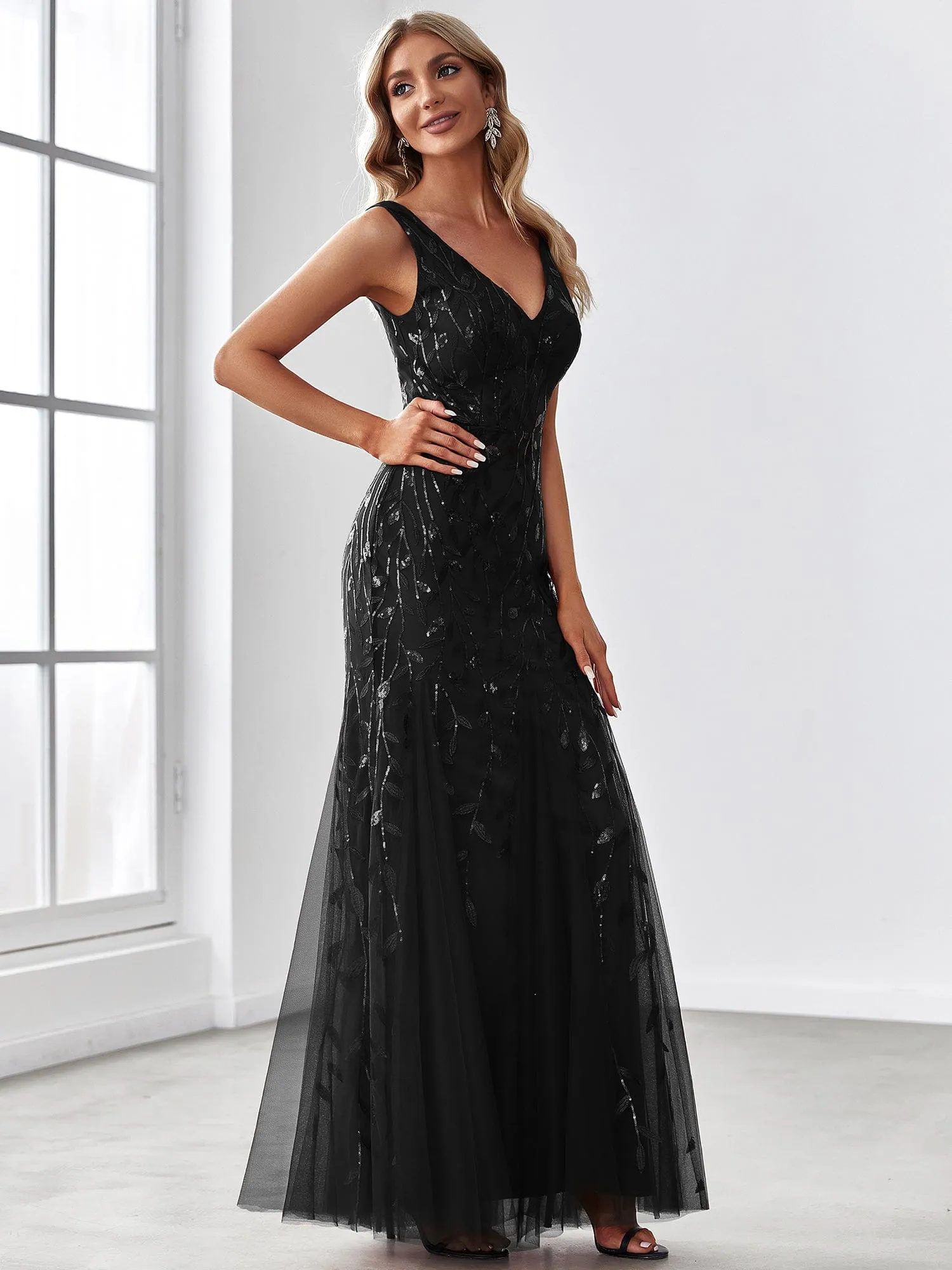 Women's Double V-Neck Fishtail Sequin Evening Dress